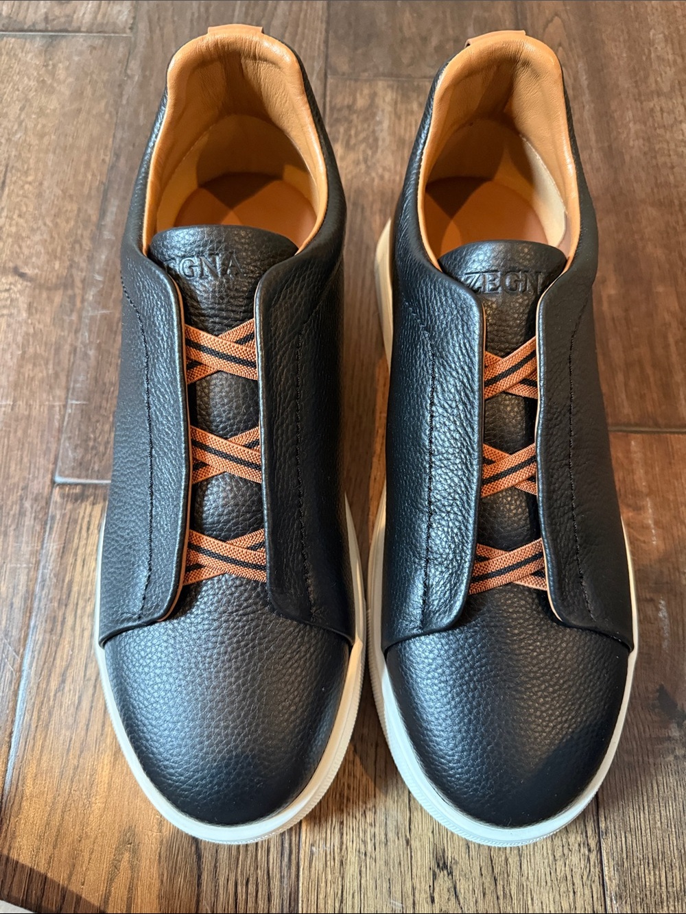 Zegna Men's Triple Stitch leather Slip-On Sneakers with Tan Accents US Size 12